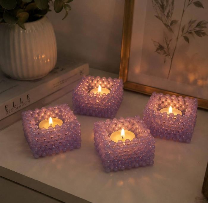 Lilac beaded tealight holders