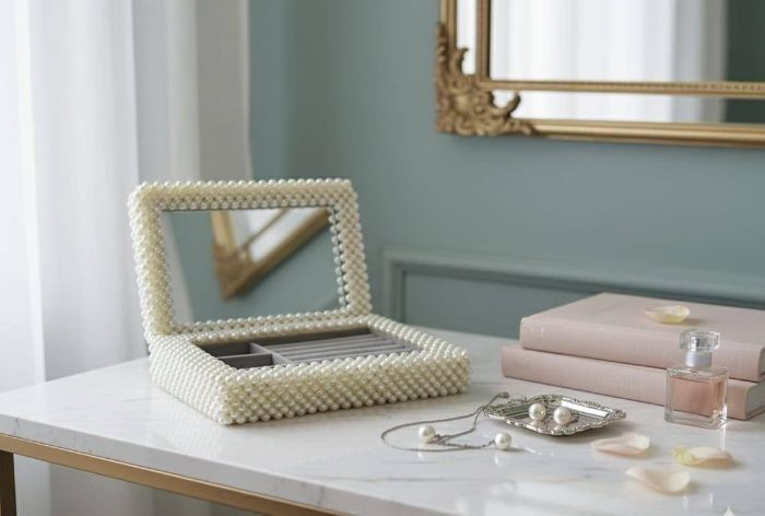 Pearl beaded jewellery box with mirror