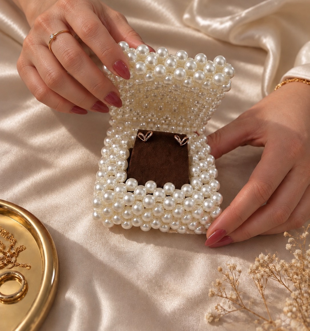 Pearl beaded ring and earring box